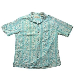 Island Republic Mens L‎ Tropical Leaf Print Button Up Shirt Short Sleeve Silk